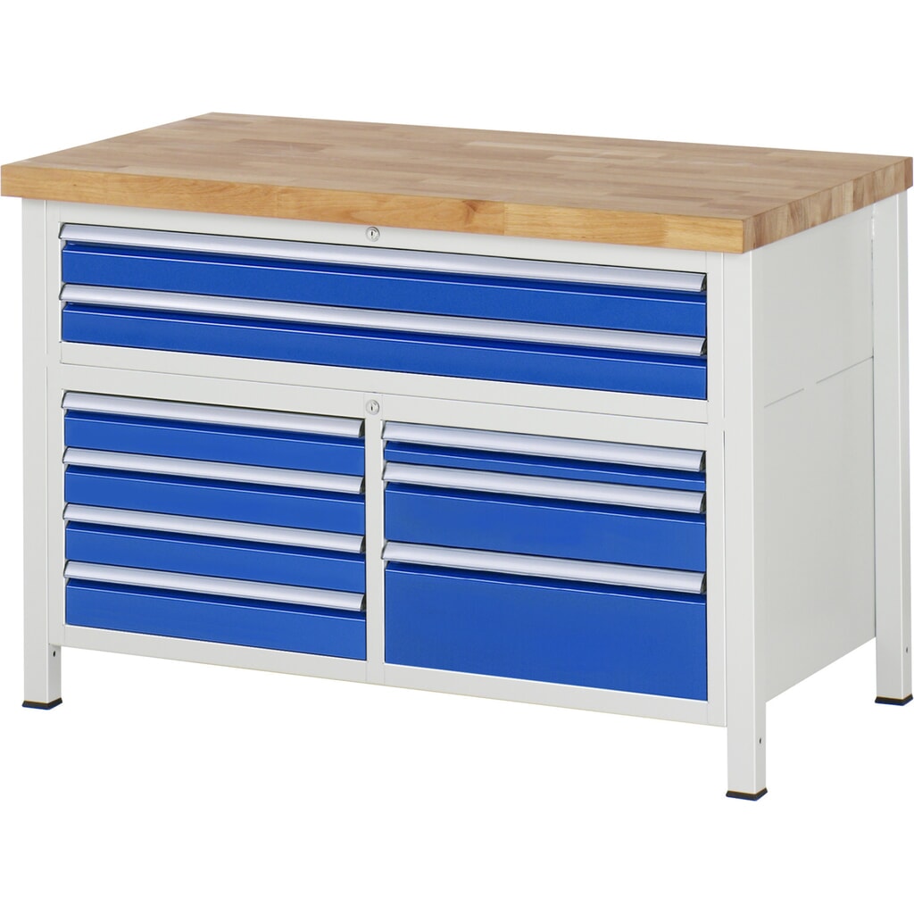 N° de l'image du produit 1 : RAU Établi série 8000, 1 caisson triple, HxlxP 840-1 040 x 1 250 x 700 mm, 7 tiroirs L + 2 XXL, extraction à 90 %