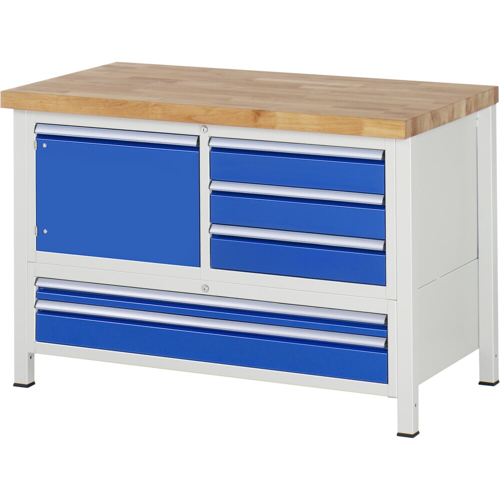 N° de l'image du produit 1 : RAU Établi série 8000, 1 caisson triple, 1 porte battante, HxlxP 840 x 1 250 x 700 mm, 5 tiroirs extractibles à 90 %