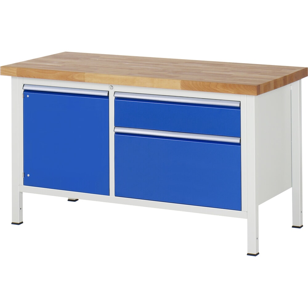 N° de l'image du produit 1 : RAU Établi série 8000, 1 double caisson, 1 tablette, 1 porte battante, HxlxP 840-1 040 x 1 500 x 700 mm, 2 tiroirs extractibles à 90 % 1 x 180, 1 x 360 mm
