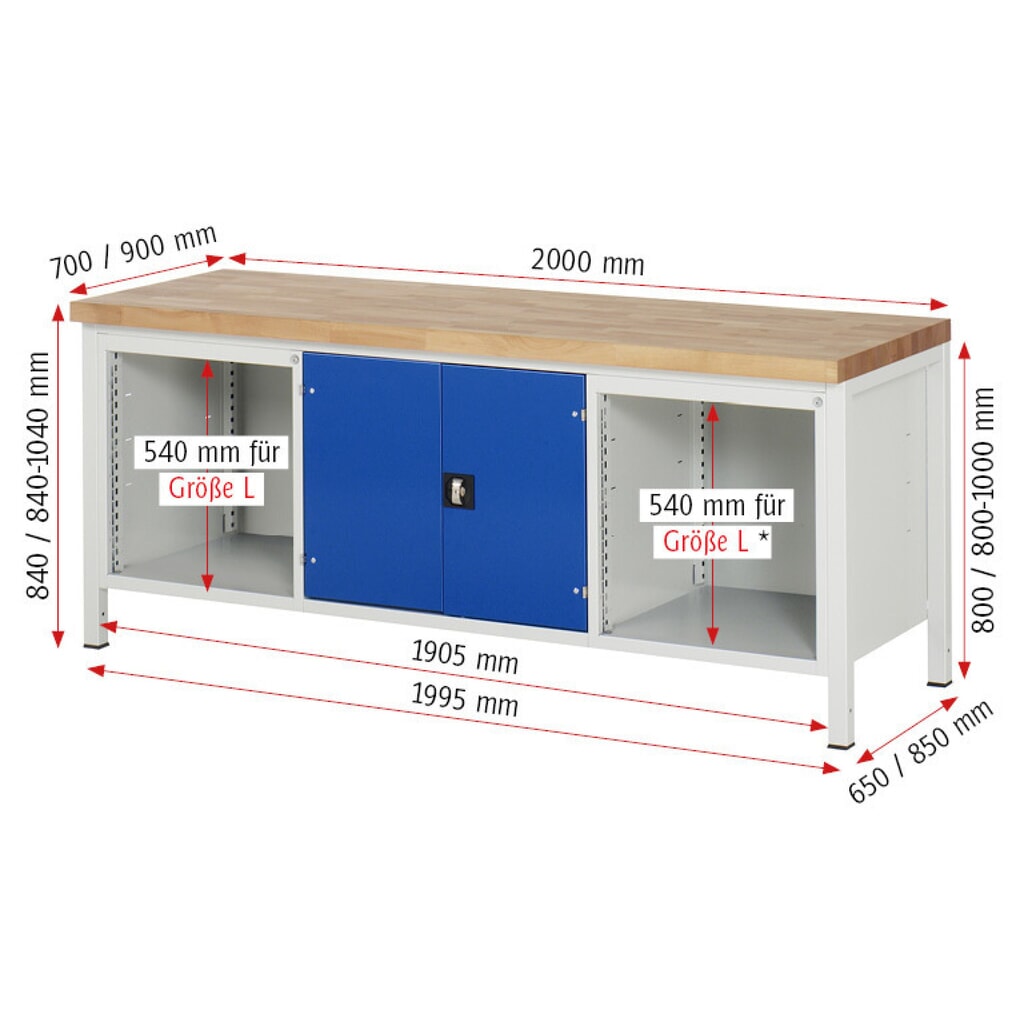 RAU Établi série 8000, 1 caisson triple, 1 tablette, 1 porte battante, HxlxP 840-1 040 x 2 000 x 700 mm, 9 tiroirs extractibles à 90 % N° de l'image du produit 7 : RAU Établi série 8000, 1 caisson triple, 1 tablette, 1 porte battante, HxlxP 840-1 040 x 2 000 x 700 mm, 9 tiroirs extractibles à 90 %