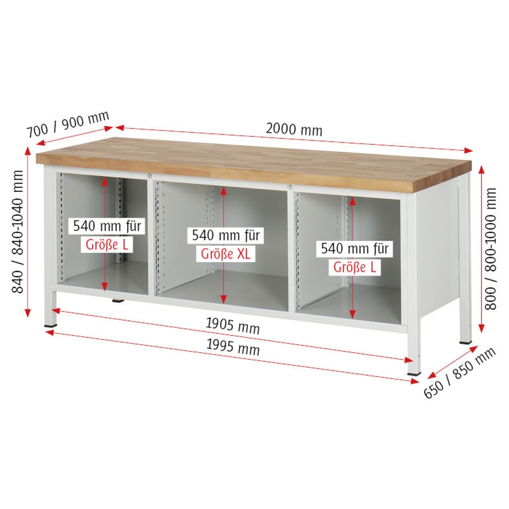 N° de l'image du produit 6 : RAU Établi série 8000, 1 triple caisson, 1 tablette, HxlxP 840 x 2 000 x 700 mm, 4 tiroirs