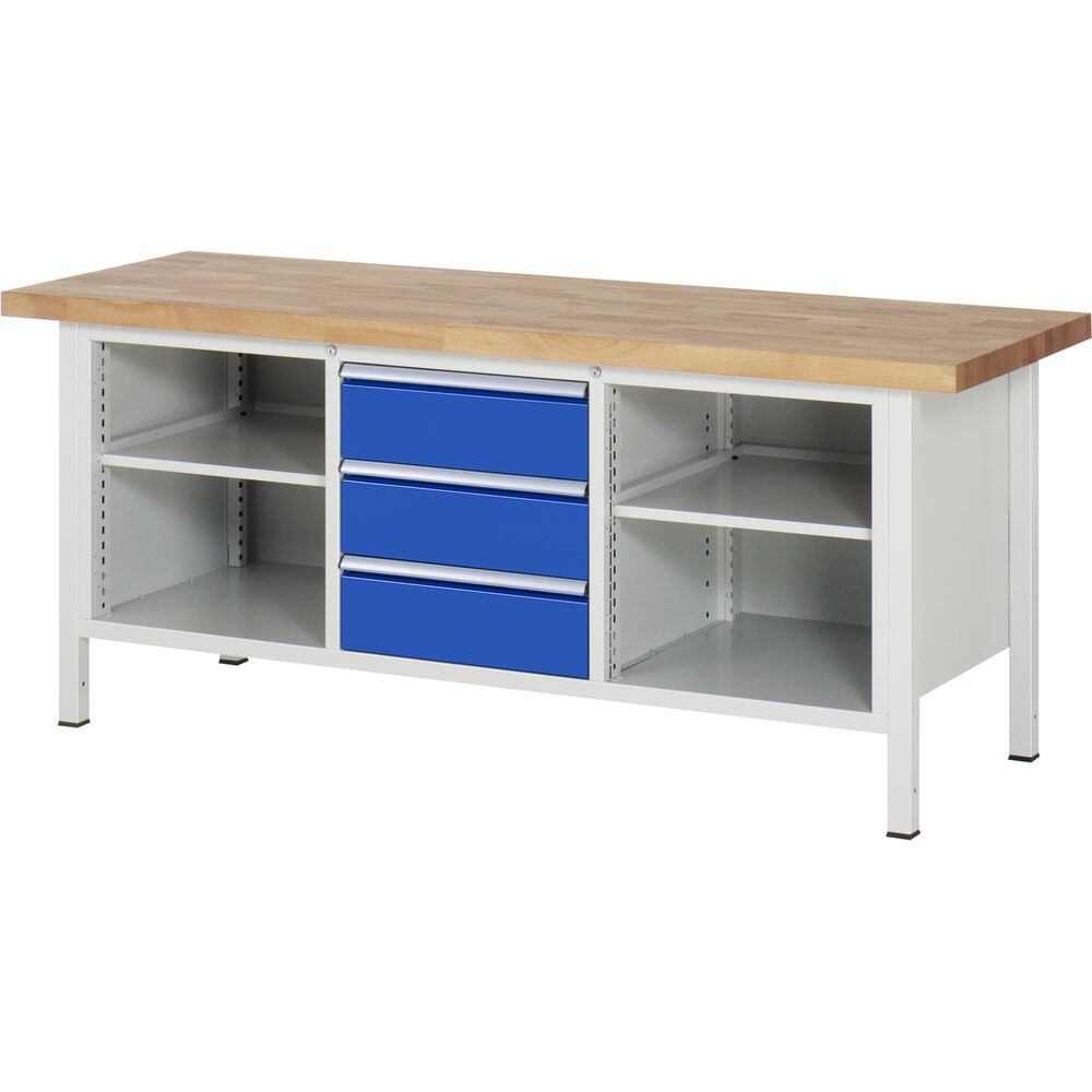 N° de l'image du produit 1 : RAU Établi série 8000, 1 triple caisson, 2 tablettes, HxlxP 840-1 040 x 2 000 x 700 mm, 3 tiroirs extractibles à 90 %