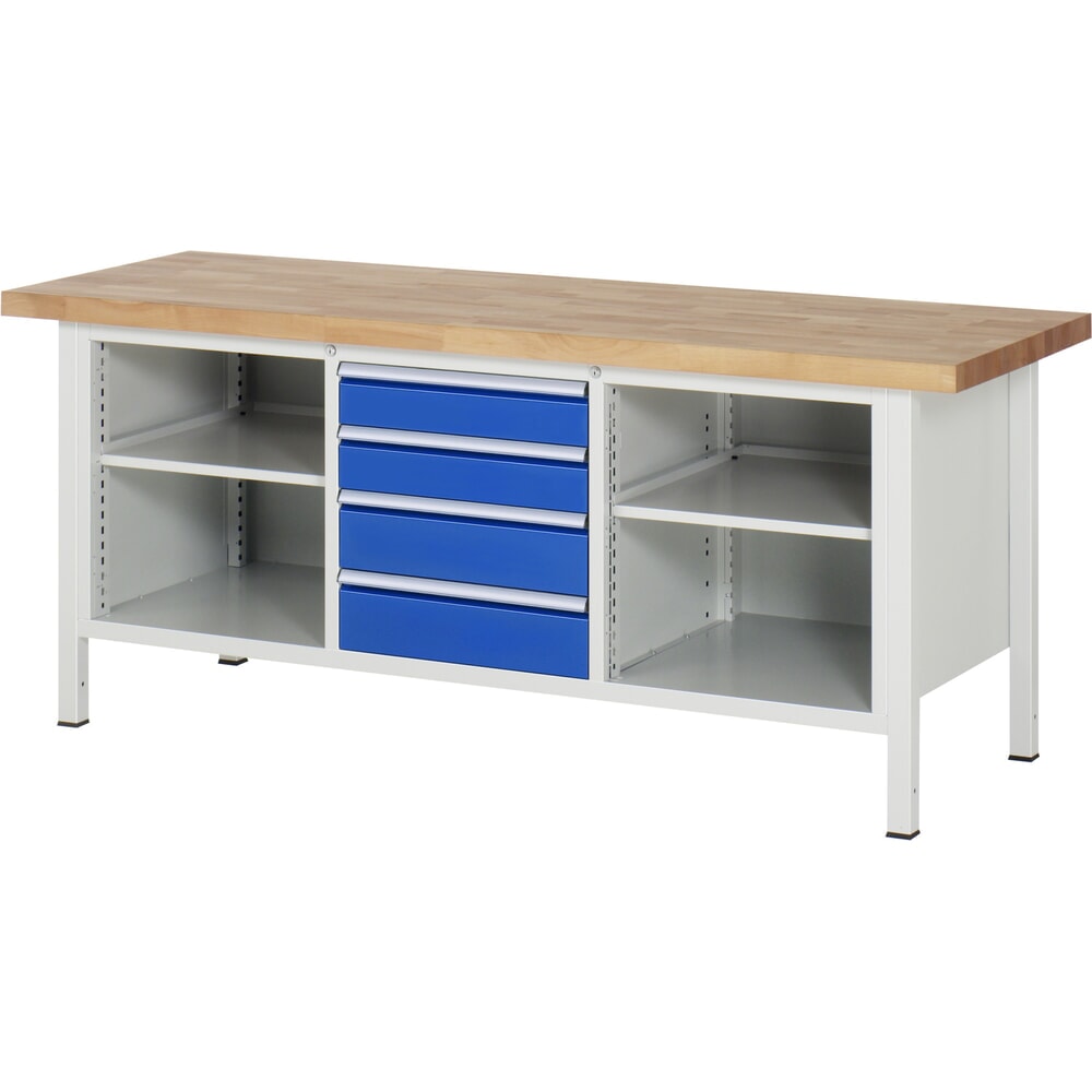 N° de l'image du produit 1 : RAU Établi Série 8000, 1 triple caisson, 2 tablettes, HxlxP 840 x 2 000 x 700 mm, 4 tiroirs extractibles à 90 %, capacité de charge des tiroirs 100 kg