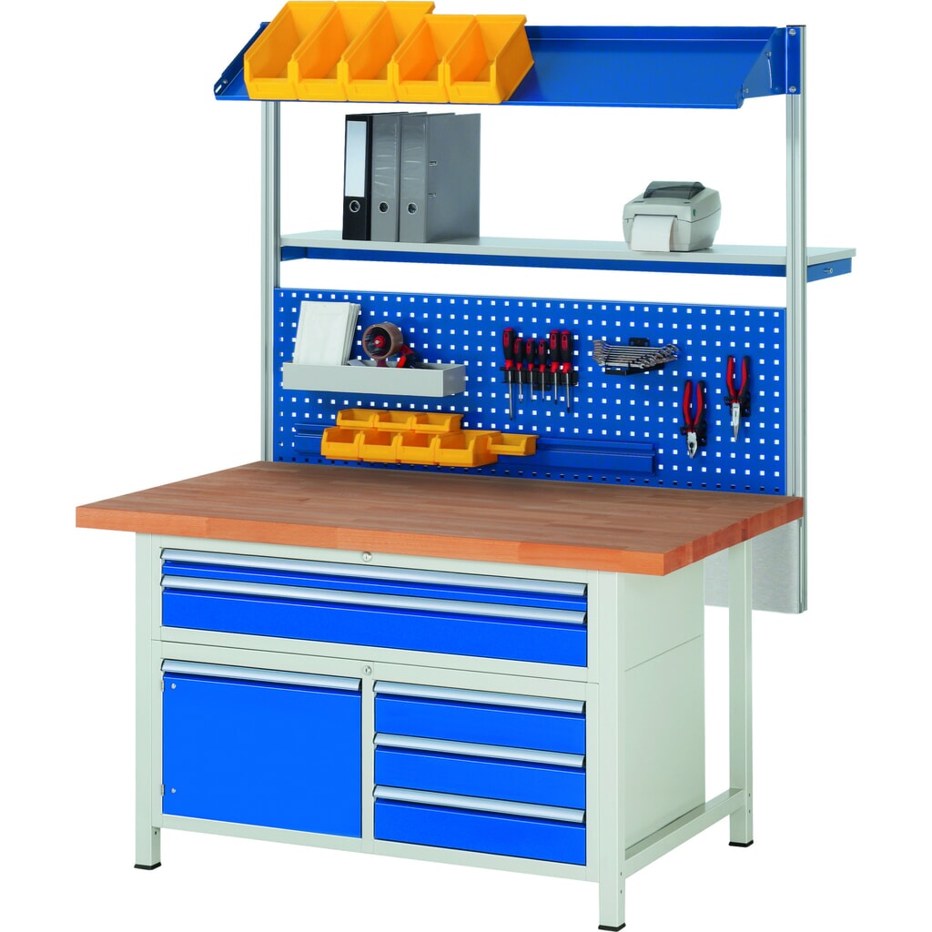 N° de l'image du produit 8 : RAU Établi série 8000, 1 caisson triple, 1 porte battante, HxlxP 840-1 040 x 1 500 x 900 mm, 5 tiroirs extractibles à 100 %