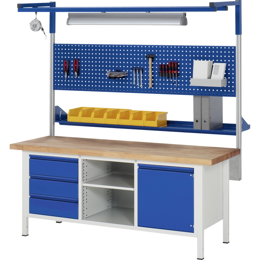 N° de l'image du produit 7 : RAU Établi série 8000, 1 caisson triple, 1 tablette, HxlxP 840-1 040 x 2 000 x 700 mm, 6 tiroirs extractibles à 90 %, poignée intégrée