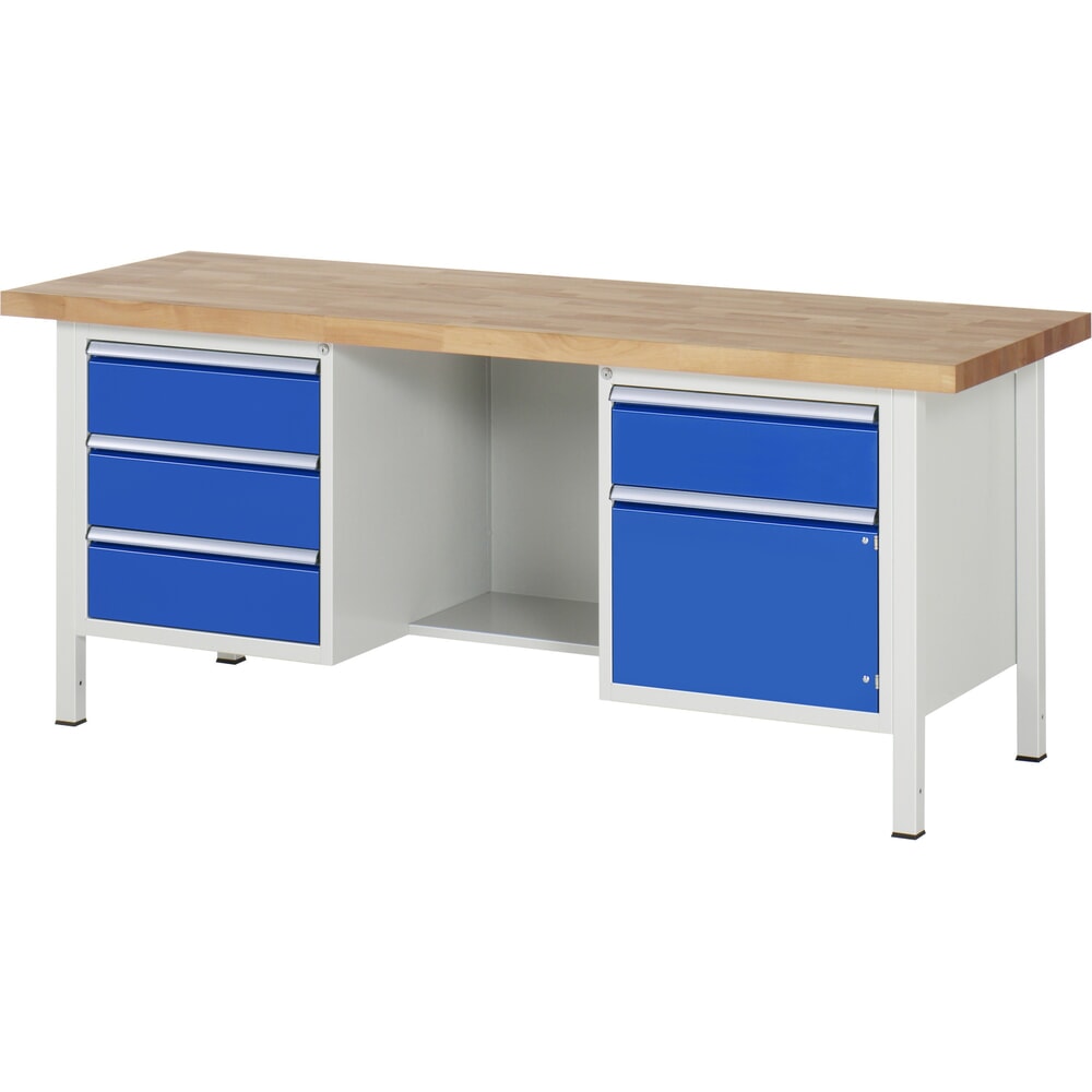 N° de l'image du produit 1 : RAU Établi série 8000, 2 caissons, 1 porte battante, HxlxP 840-1 040 x 2 000 x 700 mm, 4 tiroirs extractibles à 90 %