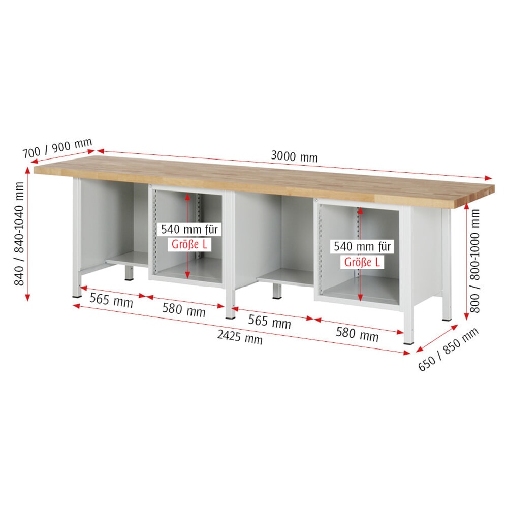 N° de l'image du produit 5 : RAU Établi série 8000, 2 caissons, HxlxP 840 x 3 000 x 700 mm, 4 tiroirs extractibles à 100 %