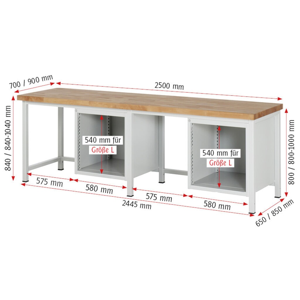 N° de l'image du produit 5 : RAU Établi série 8000, 2 caissons, HxlxP 840 x 2 500 x 900 mm, 8 tiroirs extractibles à 90 % 4 x 90, 4 x 180 mm