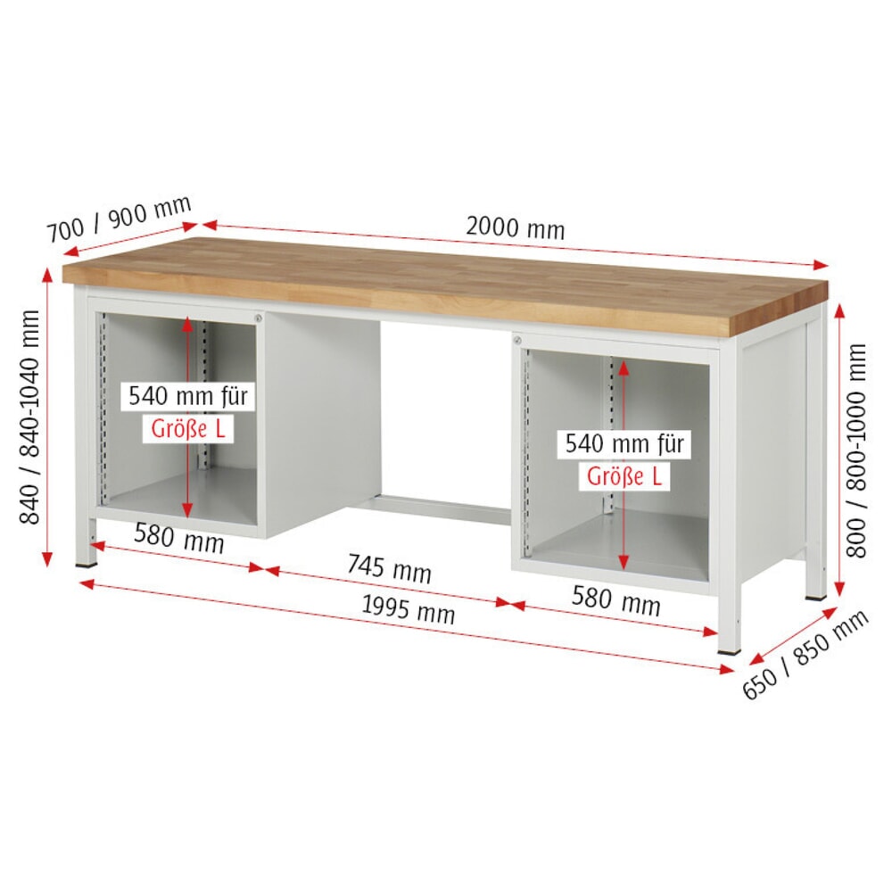 N° de l'image du produit 8 : RAU Établi série 8000, 2 caissons, HxlxP 840-1 040 x 2 000 x 700 mm, 9 tiroirs extractibles à 90 %