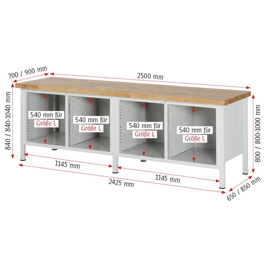 N° de l'image du produit 8 : RAU Établi série 8000, 2 double caisson, 2 portes battantes, HxlxP 840-1 040 x 2 500 x 900 mm, 8 tiroirs