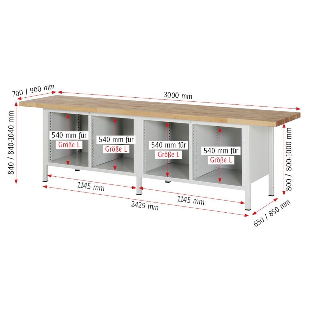 N° de l'image du produit 5 : RAU Établi série 8000, 2 doubles caissons, HxlxP 840 x 3.000 x 700 mm, 6 tiroirs, 1 tablette profondeur 350 mm