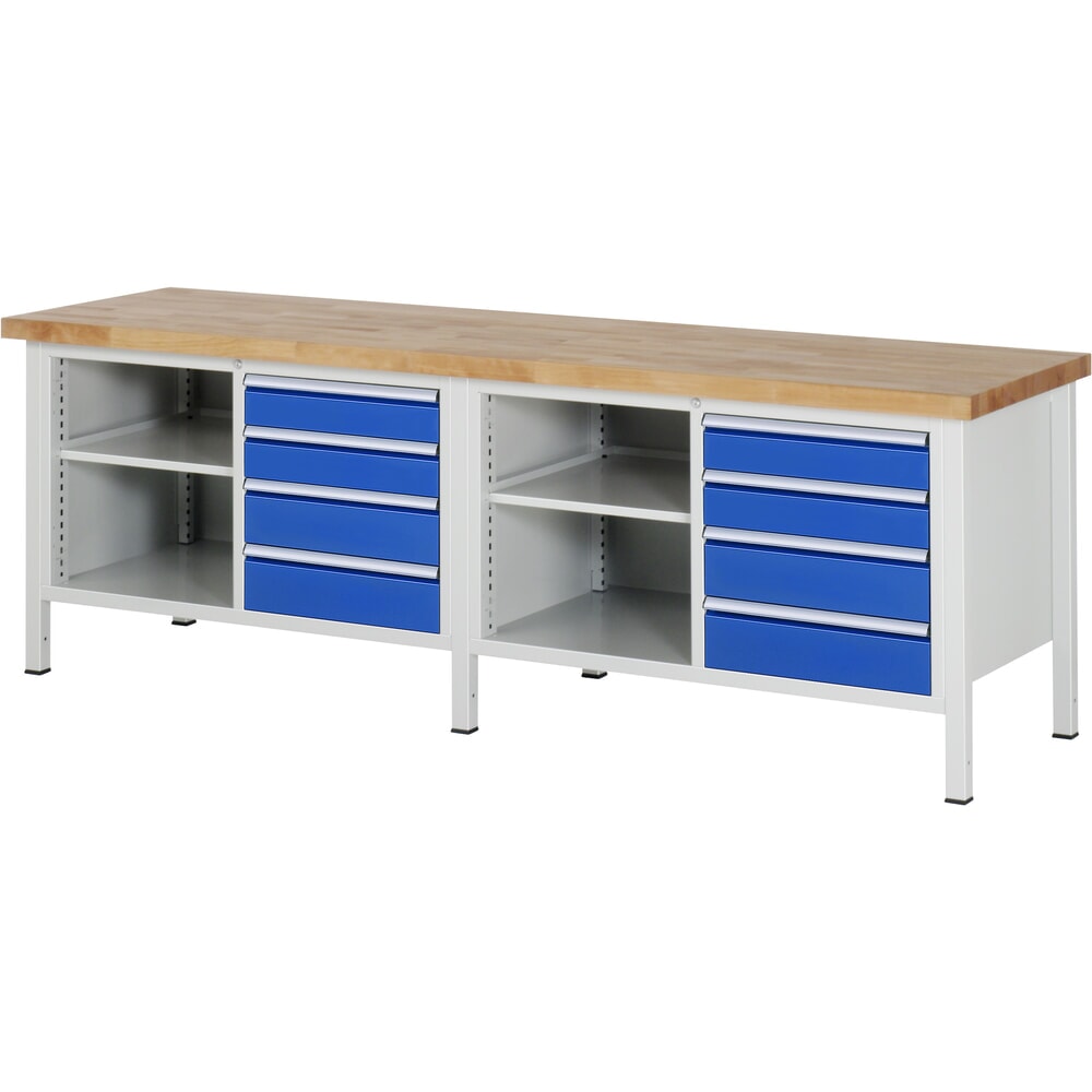N° de l'image du produit 1 : RAU Établi série 8000, 2 double caisson , 1 tablette, HxlxP 840-1 040 x 2 500 x 700 mm, 8 tiroirs