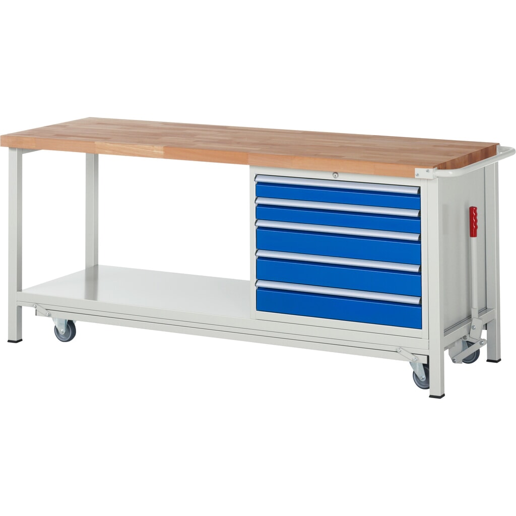 RAU Établi série 8000 avec rouleur abaissable, 1 caisson, 1 tablette, HxlxP 880 x 2 000 x 700 mm, 5 tiroirs extractibles à 100%, capacité de charge des tiroirs 75 kg Illustration du produit: RAU Établi série 8000 avec rouleur abaissable, 1 caisson, 1 tablette, HxlxP 880 x 2 000 x 700 mm, 5 tiroirs extractibles à 100%, capacité de charge des tiroirs 75 kg