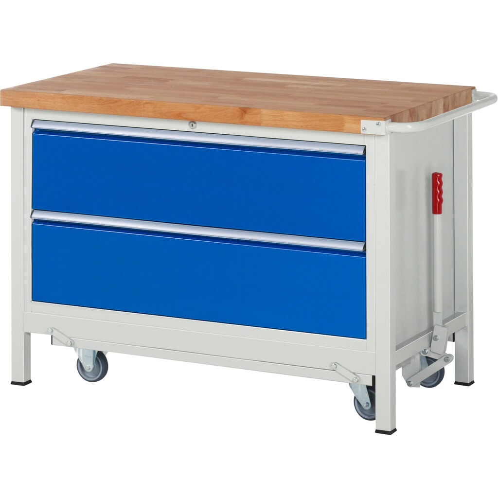 RAU Établi série 8000 avec rouleur abaissable, 1 caisson, HxlxP 880 x 1 250 x 700 mm, 2 tiroirs extractibles à 100%, capacité de charge des tiroirs 50 kg Illustration du produit: RAU Établi série 8000 avec rouleur abaissable, 1 caisson, HxlxP 880 x 1 250 x 700 mm, 2 tiroirs extractibles à 100%, capacité de charge des tiroirs 50 kg