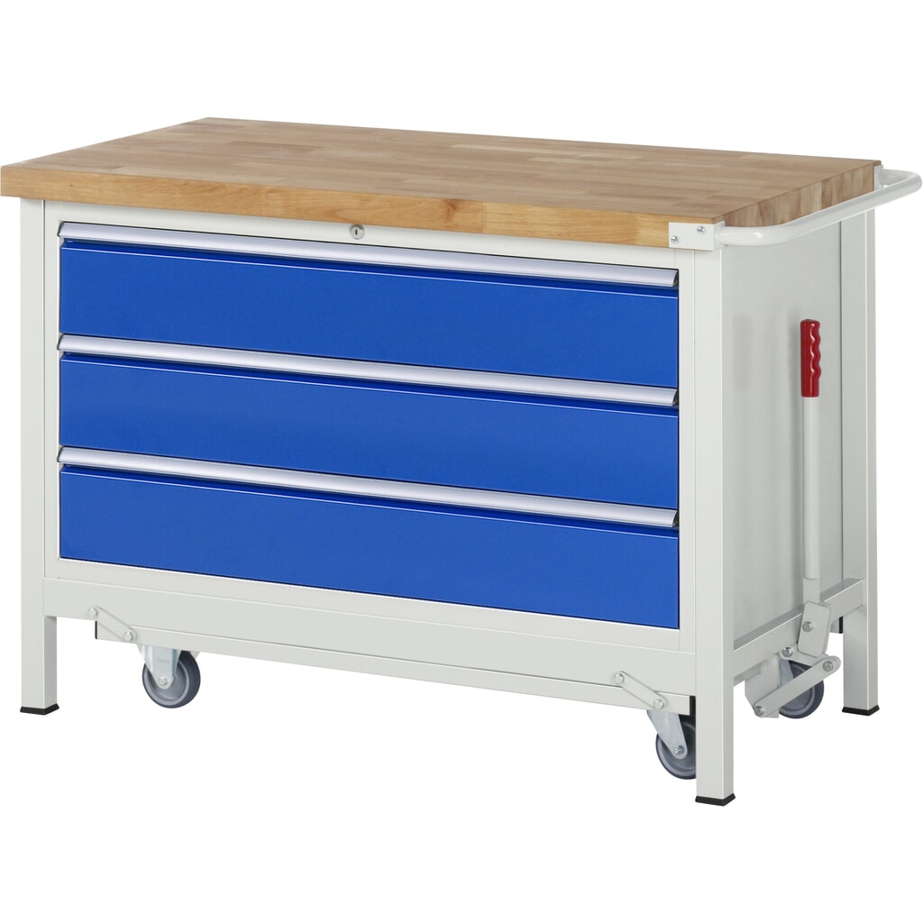 Illustration du produit: RAU Établi série 8000 avec rouleur abaissable, 1 caisson, HxlxP 880 x 1 250 x 700 mm, 3 tiroirs extractibles à 100%, capacité de charge des tiroirs 50 kg