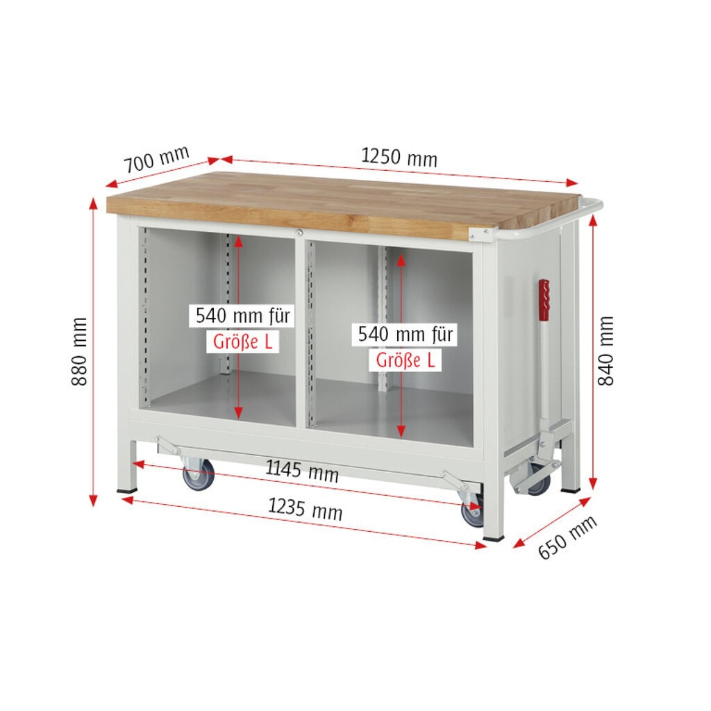 N° de l'image du produit 8 : RAU Établi série 8000 avec rouleur abaissable, 1 caisson double, HxlxP 880 x 1 250 x 700 mm, 4 tiroirs extractibles à 90 %, 1 tablette