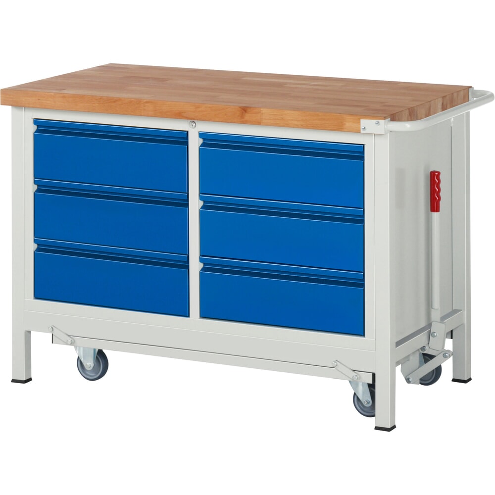 N° de l'image du produit 1 : RAU Établi série 8000 avec rouleur abaissable, 1 caisson double, HxlxP 880 x 1 250 x 700 mm, 6 tiroirs extractibles à 90 % 6 x 180 mm