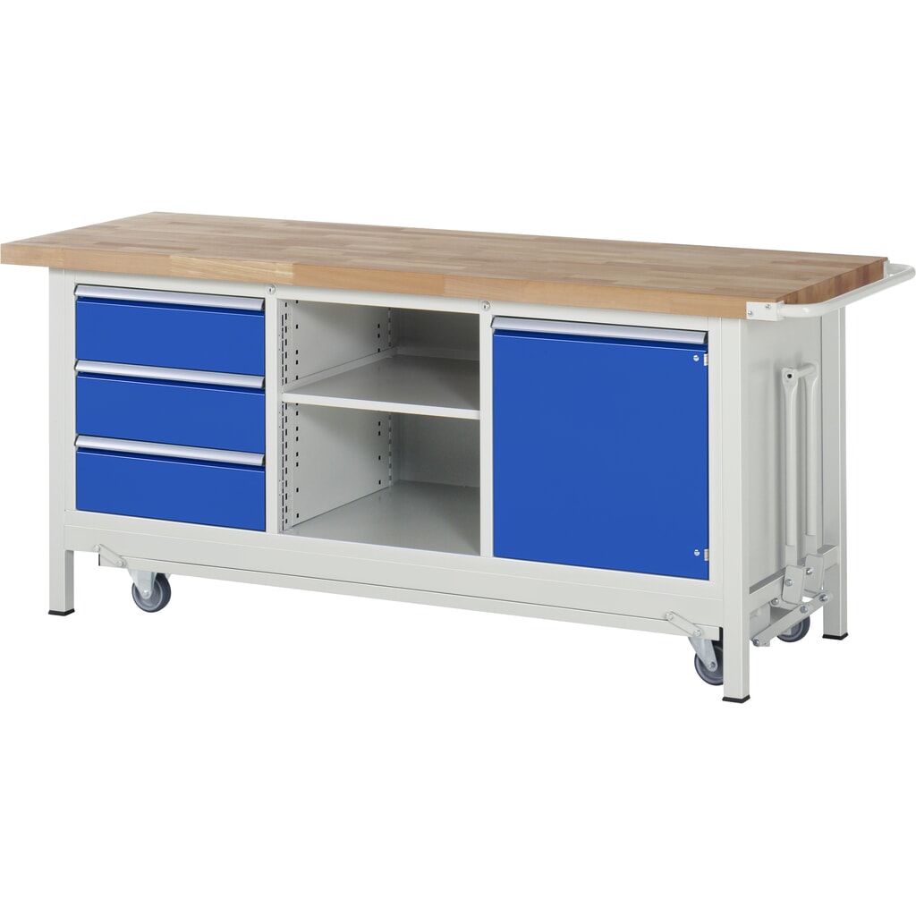 RAU Établi avec châssis série 8000, HxlxP 880 x 2 000 x 700 mm, 1 triple caisson sous plateau, avec 3 tiroirs et 1 porte battante N° de l'image du produit 1 : RAU Établi avec châssis série 8000, HxlxP 880 x 2 000 x 700 mm, 1 triple caisson sous plateau, avec 3 tiroirs et 1 porte battante