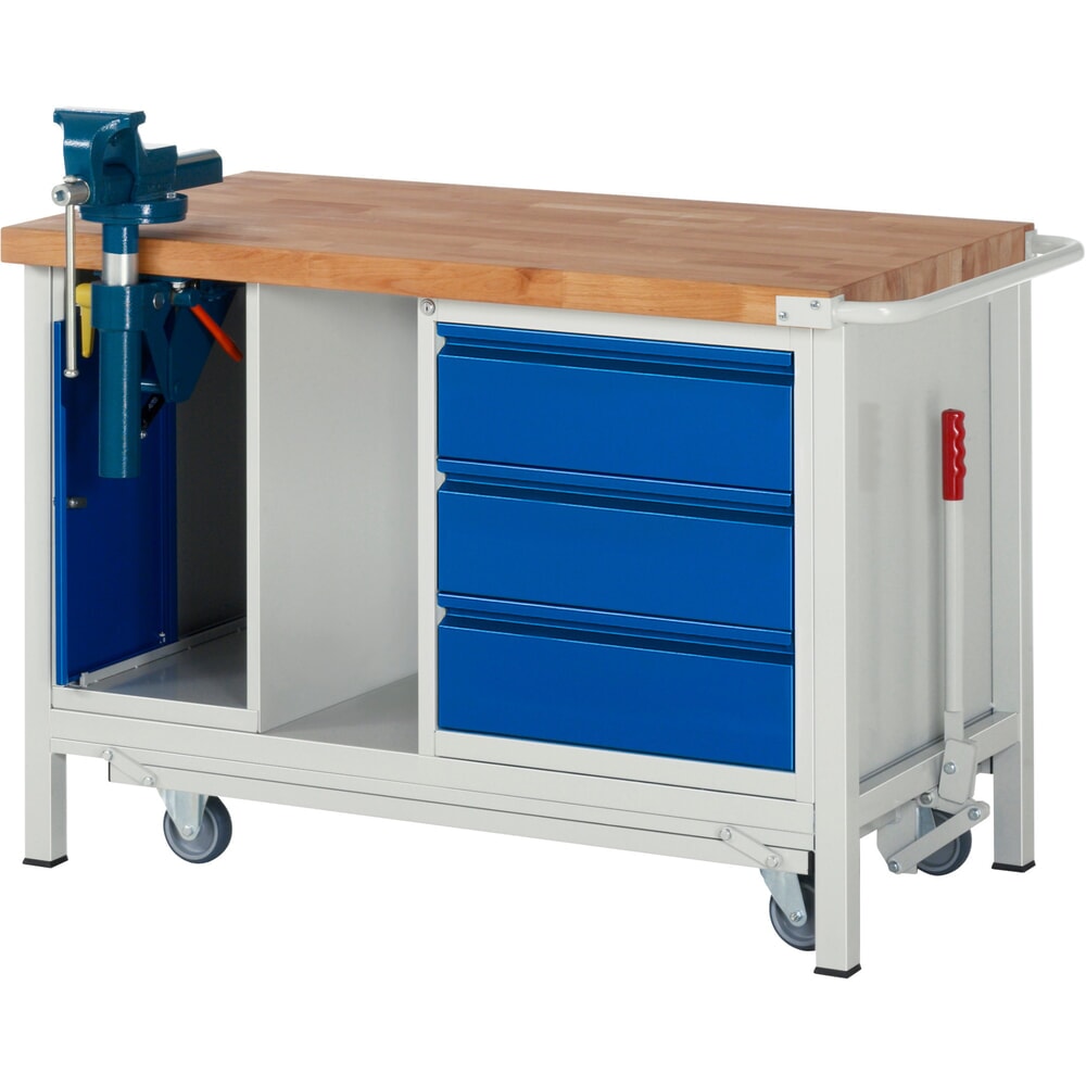 N° de l'image du produit 1 : RAU Établi série 8000 avec rouleur abaissable, 2 caissons, 1 tablette, HxlxP 880 x 1 250 x 700 mm, 3 tiroirs extractibles à 90%