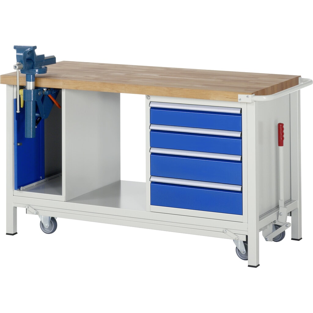 RAU Établi avec châssis série 8000, HxlxP 880 x 1 500 x 700 mm, 1 caisson sous plateau, avec 4 tiroirs et un étau escamotable Illustration du produit: RAU Établi avec châssis série 8000, HxlxP 880 x 1 500 x 700 mm, 1 caisson sous plateau, avec 4 tiroirs et un étau escamotable