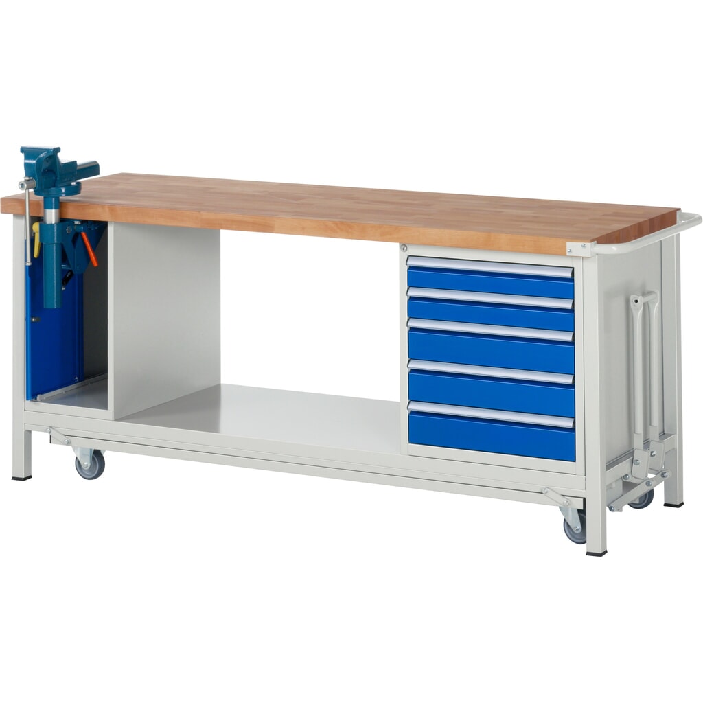 Illustration du produit: RAU Établi série 8000 avec rouleur abaissable, 2 caissons, 1 tablette, HxlxP 880 x 2 000 x 700 mm, 5 tiroirs extractibles à 100%