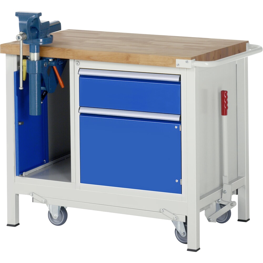 N° de l'image du produit 1 : RAU Établi avec châssis série 8000, HxlxP 880 x 1 000 x 700 mm, 1 caisson sous plateau, avec 1 porte battante, 1 tiroir et un étau escamotable
