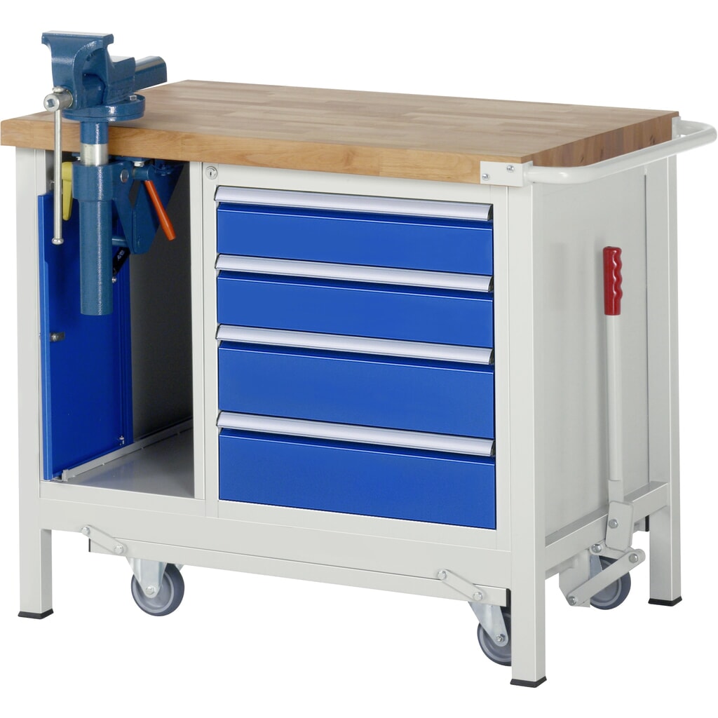 RAU Établi avec châssis série 8000, HxlxP 880 x 1 000 x 700 mm, 1 caisson sous plateau, avec 4 tiroirs et un étau escamotable Illustration du produit: RAU Établi avec châssis série 8000, HxlxP 880 x 1 000 x 700 mm, 1 caisson sous plateau, avec 4 tiroirs et un étau escamotable