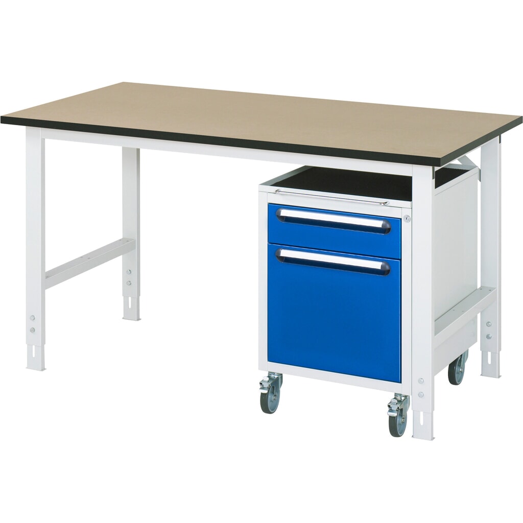 RAU Kit d'atelier TOM en 2 parties, avec table de travail, HxlxP 760-1 080 x 1 500 x 800 mm, plan de travail en MDF, incl. caisson à roulettes avec 2 tiroirs, HxlxP 690 x 480 x 600 mm Illustration du produit: RAU Kit d'atelier TOM en 2 parties, avec table de travail, HxlxP 760-1 080 x 1 500 x 800 mm, plan de travail en MDF, incl. caisson à roulettes avec 2 tiroirs, HxlxP 690 x 480 x 600 mm