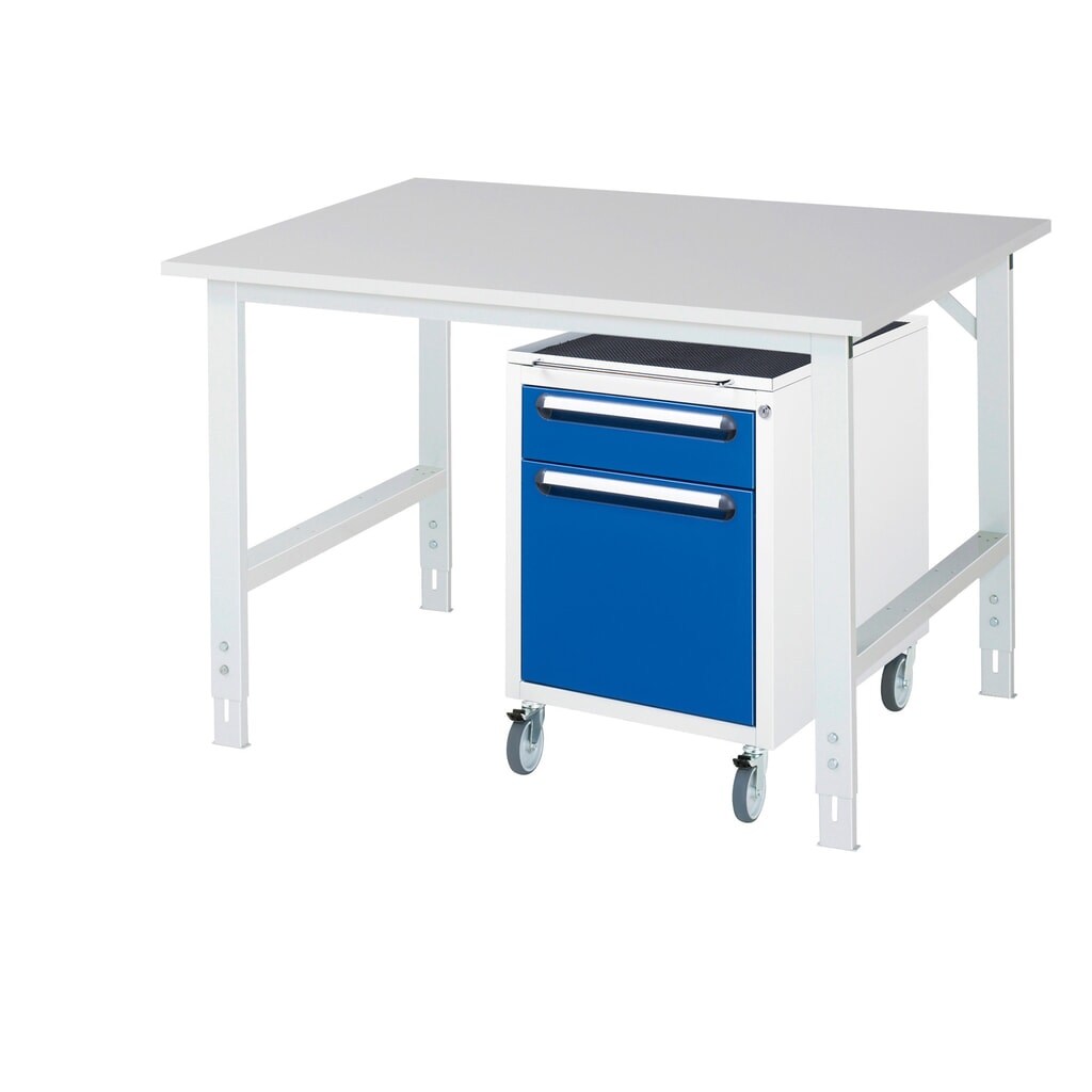 Illustration du produit: RAU Kit d'atelier TOM en 2 parties, avec table de travail, HxlxP 760-1 080 x 1 250 x 1 000 mm, plan de travail en mélamine, plus caisson à roulettes avec 2 tiroirs, HxlxP 690 x 480 x 600 mm