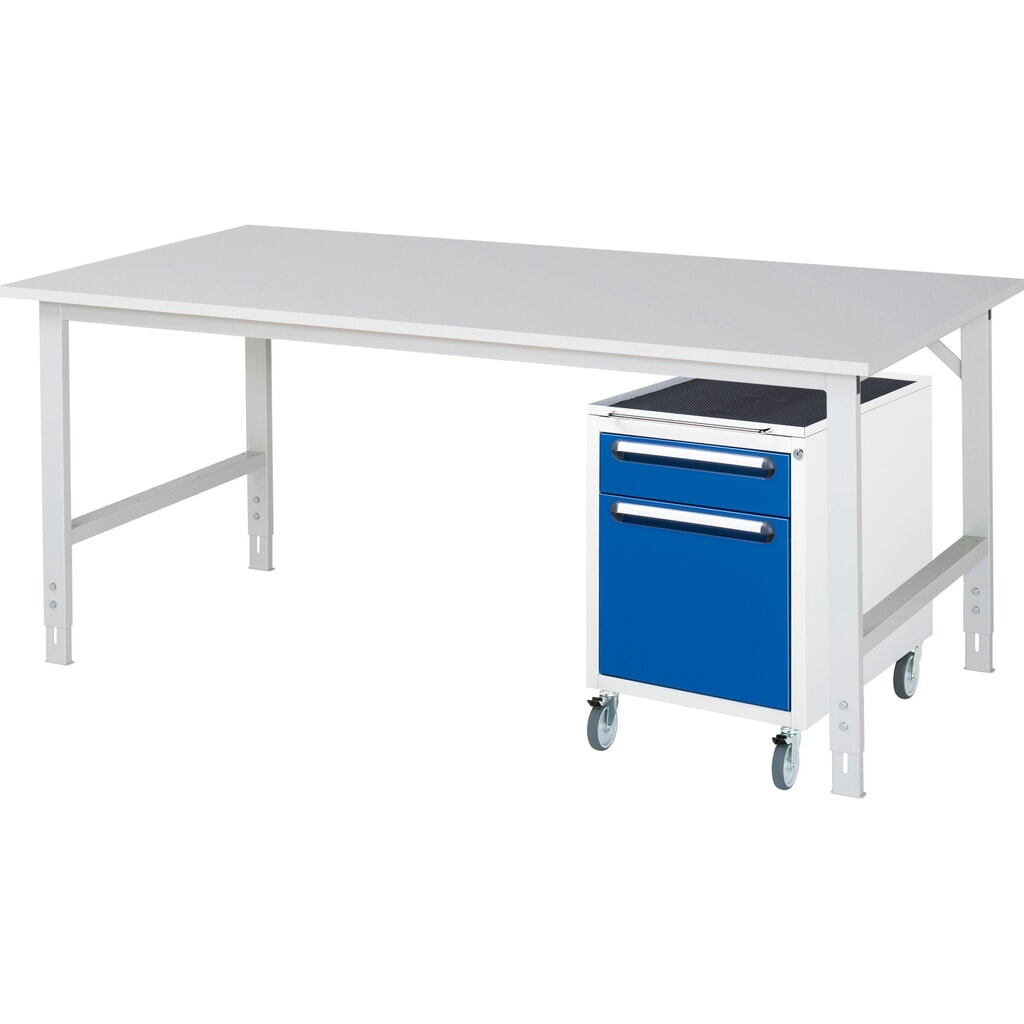 Illustration du produit: RAU Kit d'atelier TOM en 2 parties, avec table de travail, HxlxP 760-1 080 x 2 500 x 1 000 mm, plan de travail avec revêtement en mélamine, plus caisson à roulettes avec 2 tiroirs, HxlxP 690 x 480 x 600 mm
