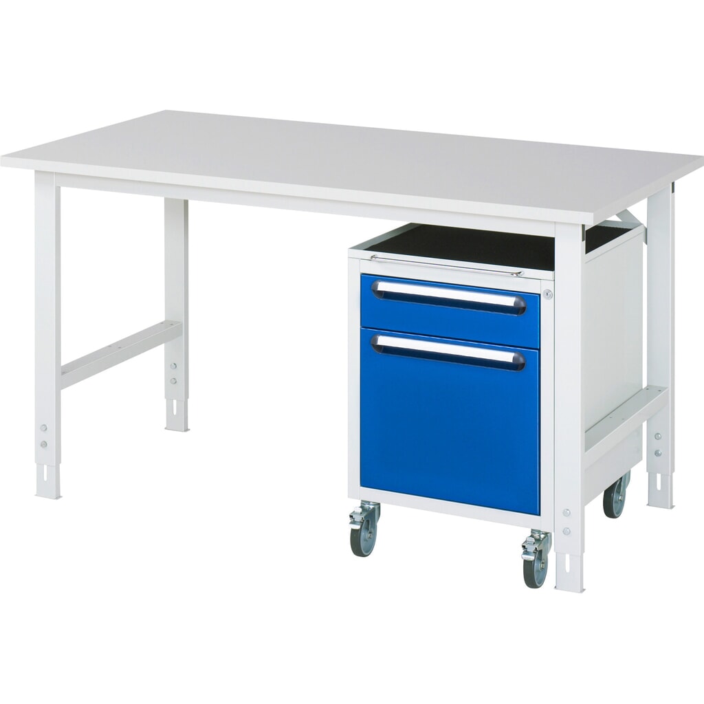 RAU Kit d'atelier TOM en 2 parties, avec table de travail, HxlxP 760-1 080 x 1 500 x 800 mm, plan de travail avec revêtement en mélamine, plus caisson à roulettes avec 2 tiroirs, HxlxP 690 x 480 x 600 mm Illustration du produit: RAU Kit d'atelier TOM en 2 parties, avec table de travail, HxlxP 760-1 080 x 1 500 x 800 mm, plan de travail avec revêtement en mélamine, plus caisson à roulettes avec 2 tiroirs, HxlxP 690 x 480 x 600 mm