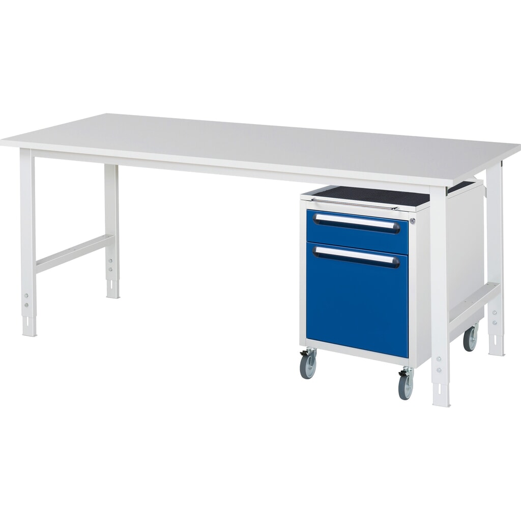 RAU Kit d'atelier TOM en 2 parties, avec table de travail, HxlxP 760-1 080 x 2 500 x 800 mm, plan de travail avec revêtement en mélamine, plus caisson à roulettes avec 2 tiroirs, HxlxP 690 x 480 x 600 mm Illustration du produit: RAU Kit d'atelier TOM en 2 parties, avec table de travail, HxlxP 760-1 080 x 2 500 x 800 mm, plan de travail avec revêtement en mélamine, plus caisson à roulettes avec 2 tiroirs, HxlxP 690 x 480 x 600 mm