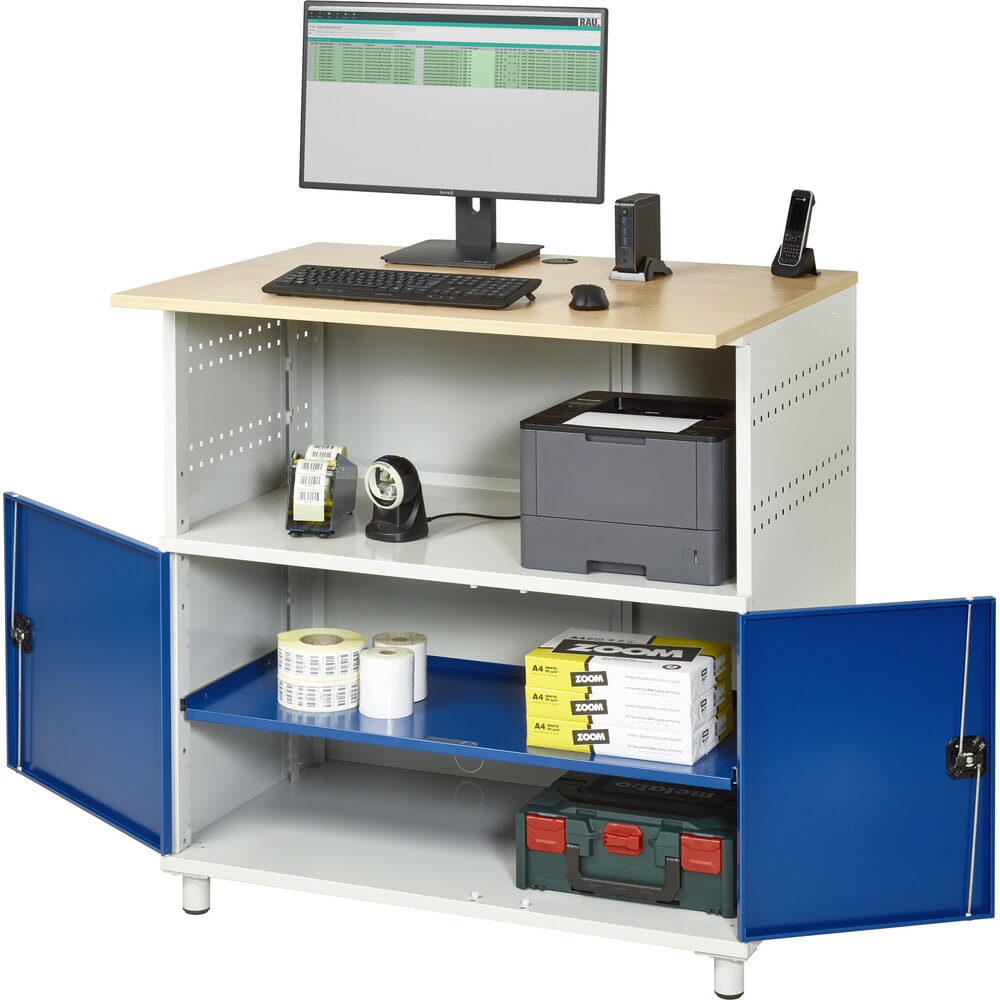 N° de l'image du produit 1 : RAU Poste informatique HxlxP 1 100 x 1 100 x 800 mm, plan de travail décor hêtre, avec 2 portes battantes
