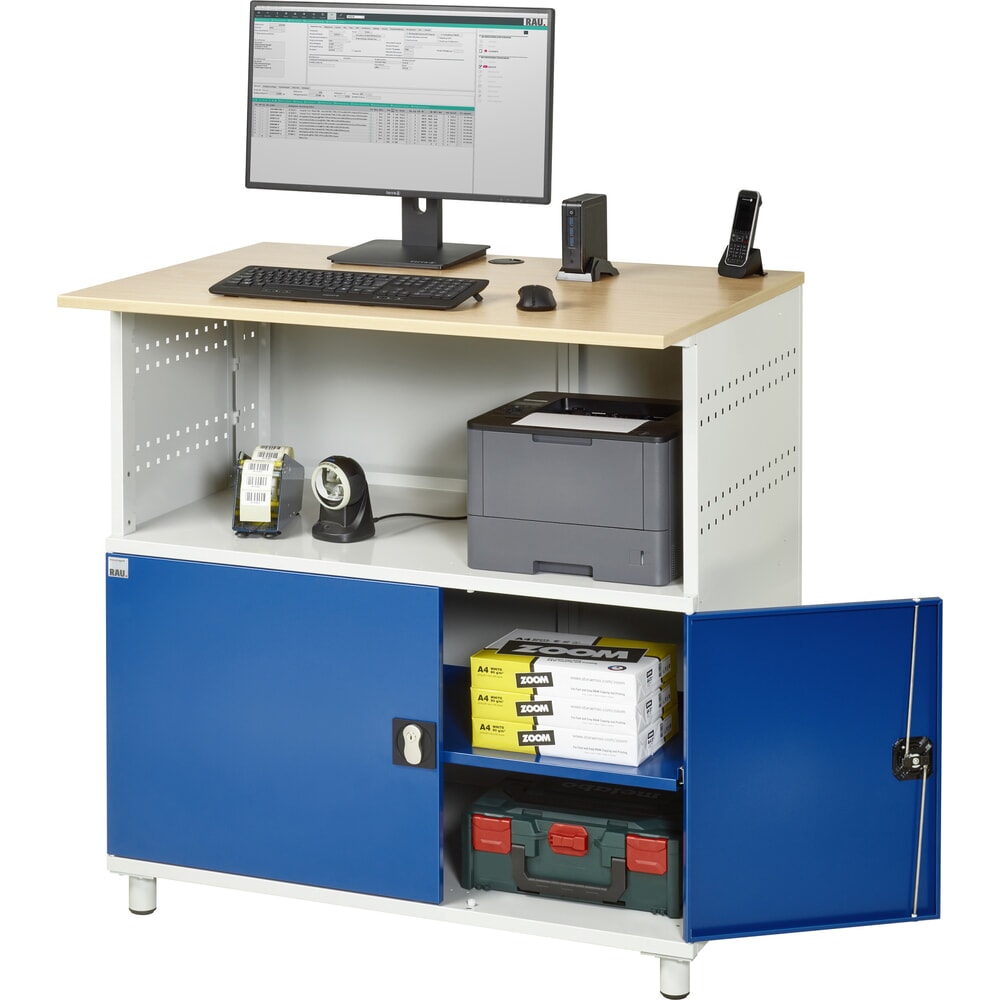 N° de l'image du produit 2 : RAU Poste informatique HxlxP 1 100 x 1 100 x 800 mm, plan de travail décor hêtre, avec 2 portes battantes