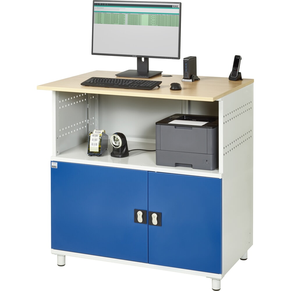 N° de l'image du produit 3 : RAU Poste informatique HxlxP 1 100 x 1 100 x 800 mm, plan de travail décor hêtre, avec 2 portes battantes