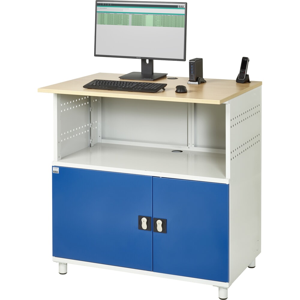 N° de l'image du produit 4 : RAU Poste informatique HxlxP 1 100 x 1 100 x 800 mm, plan de travail décor hêtre, avec 2 portes battantes