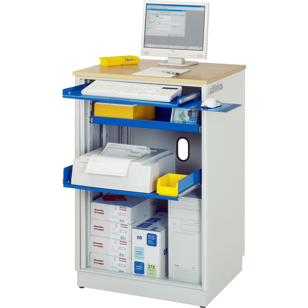 RAU Postes informatiques HxlxP 1 100 x 720 x 660 mm, plateau de travail décor hêtre, avec volet roulant, bloc multiprises Illustration du produit: RAU Postes informatiques HxlxP 1 100 x 720 x 660 mm, plateau de travail décor hêtre, avec volet roulant, bloc multiprises