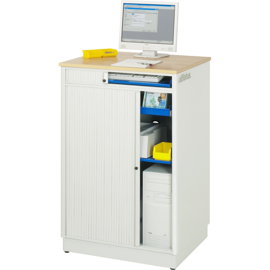 RAU Postes informatiques HxlxP 1 100 x 720 x 660 mm, plateau de travail décor hêtre, avec volet roulant, bloc multiprises N° de l'image du produit 4 : RAU Postes informatiques HxlxP 1 100 x 720 x 660 mm, plateau de travail décor hêtre, avec volet roulant, bloc multiprises