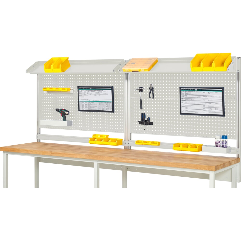 Illustration du produit: Module d’établi RAU, haut. x larg. x prof. 1 130 x 3 000 x 350 mm, avec 2 surfaces métalliques inclinables, 2 rails de fixation et 2 supports pour écran plat, kit complet 02 pour largeur de produit 3 000 mm