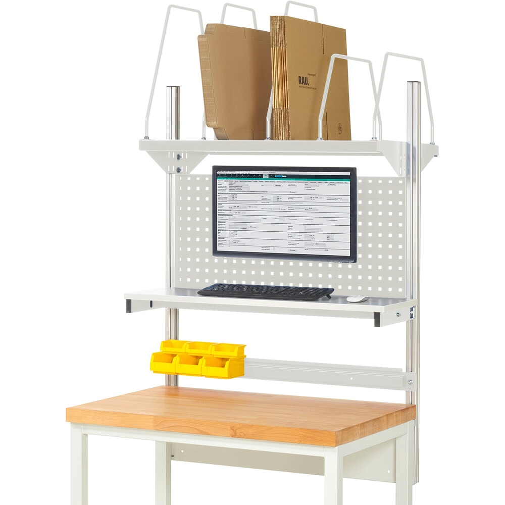 Illustration du produit: Module d’établi RAU, haut. x larg. x prof. 1 130 x 1 000 x 350 mm, avec 1 étagère, 1 rail de fixation et 1 support pour écran plat, kit complet 03 pour largeur de produit 1 000 mm