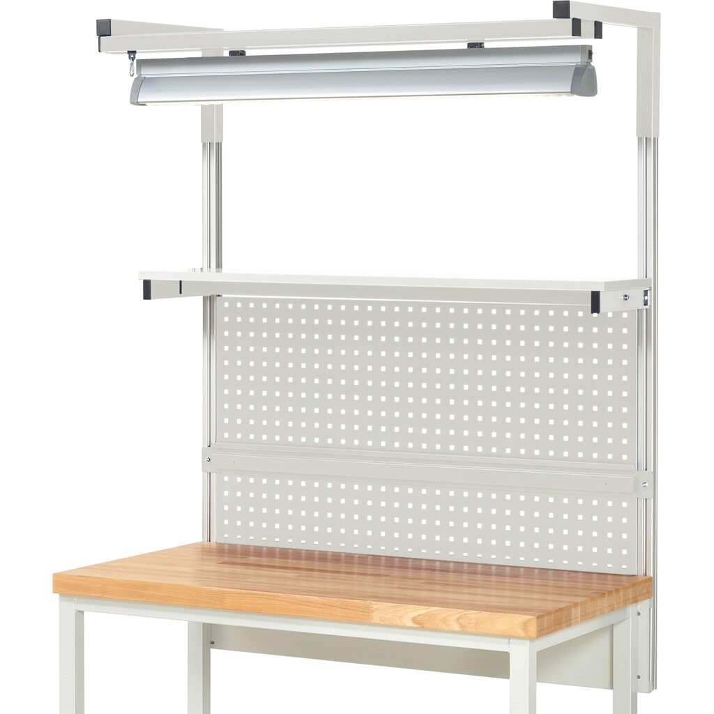 N° de l'image du produit 2 : Module d’établi RAU, haut. x larg. x prof. 1 380 x 1 250 x 350mm, avec 1 étagère, 1 rail de fixation, 1 paire de potences et 1 lampe, kit complet 04 pour largeur de produit 1 250 mm