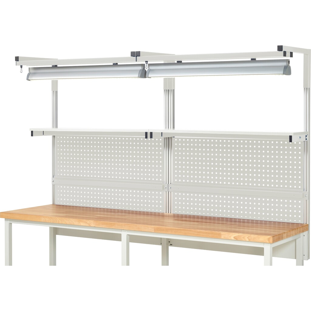 Module d’établi RAU, haut. x larg. x prof. 1 380 x 2 500 x 350 mm, avec 2 étagères, 2 rails de fixation, 2 paires de potences et 2 lampes, kit complet 04 pour largeur de produit 2 500 mm N° de l'image du produit 2 : Module d’établi RAU, haut. x larg. x prof. 1 380 x 2 500 x 350 mm, avec 2 étagères, 2 rails de fixation, 2 paires de potences et 2 lampes, kit complet 04 pour largeur de produit 2 500 mm