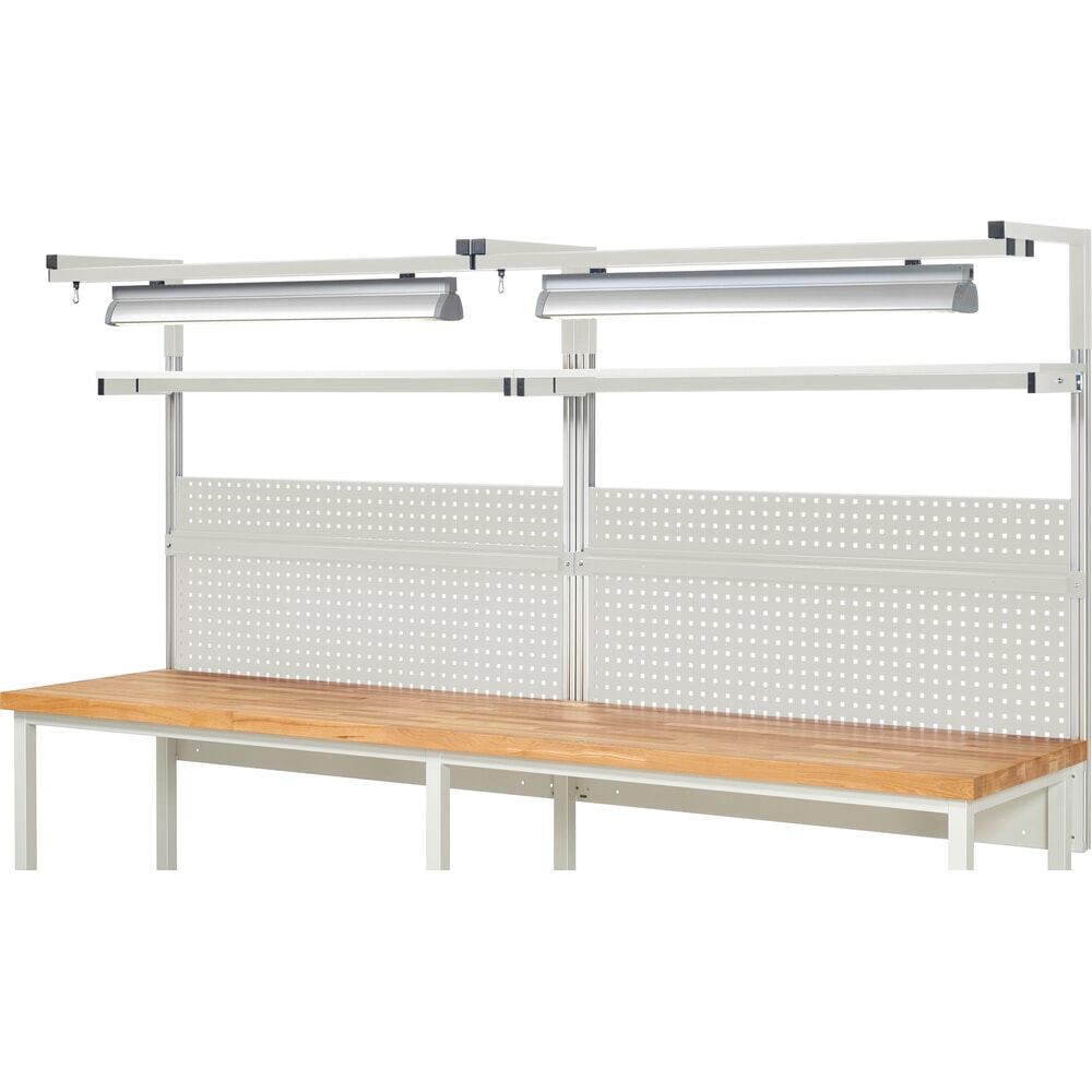 N° de l'image du produit 2 : Module d’établi RAU, haut. x larg. x prof. 1 380 x 3 000 x 350 mm, avec 2 étagères, 2 rails de fixation, 2 paires de potences et 2 lampes, kit complet 04 pour largeur de produit 3 000 mm