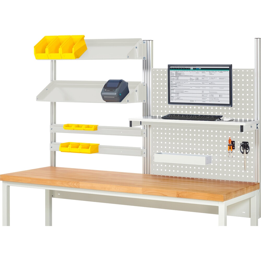 Illustration du produit: Module d’établi RAU, haut. x larg. x prof. 1 130 x 2 000 x 350 mm, avec 1 étagère, 2 rails de fixation, 2 surfaces métalliques inclinables et 1 support pour écran plat, kit complet 05 pour largeur de produit 2 000 mm