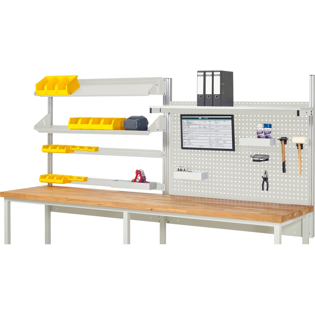 Illustration du produit: Module d’établi RAU, haut. x larg. x prof. 1 130 x 3 000 x 3 000 mm, avec 1 étagère, 2 rails de fixation, 2 surfaces métalliques inclinables et 1 support pour écran plat, kit complet 05 pour largeur de produit 3 000 mm