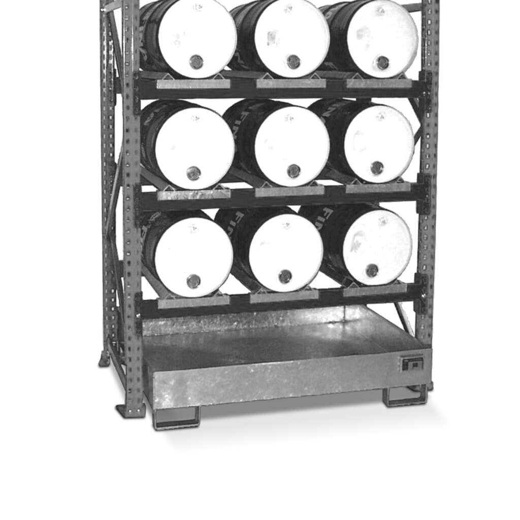 Rayonnage à fûts, bac de rétention compris, module de base, 3 niveaux, sans caillebotis grille 9 x 60 l couchés Illustration du produit: Rayonnage à fûts, bac de rétention compris, module de base, 3 niveaux, sans caillebotis grille 9 x 60 l couchés