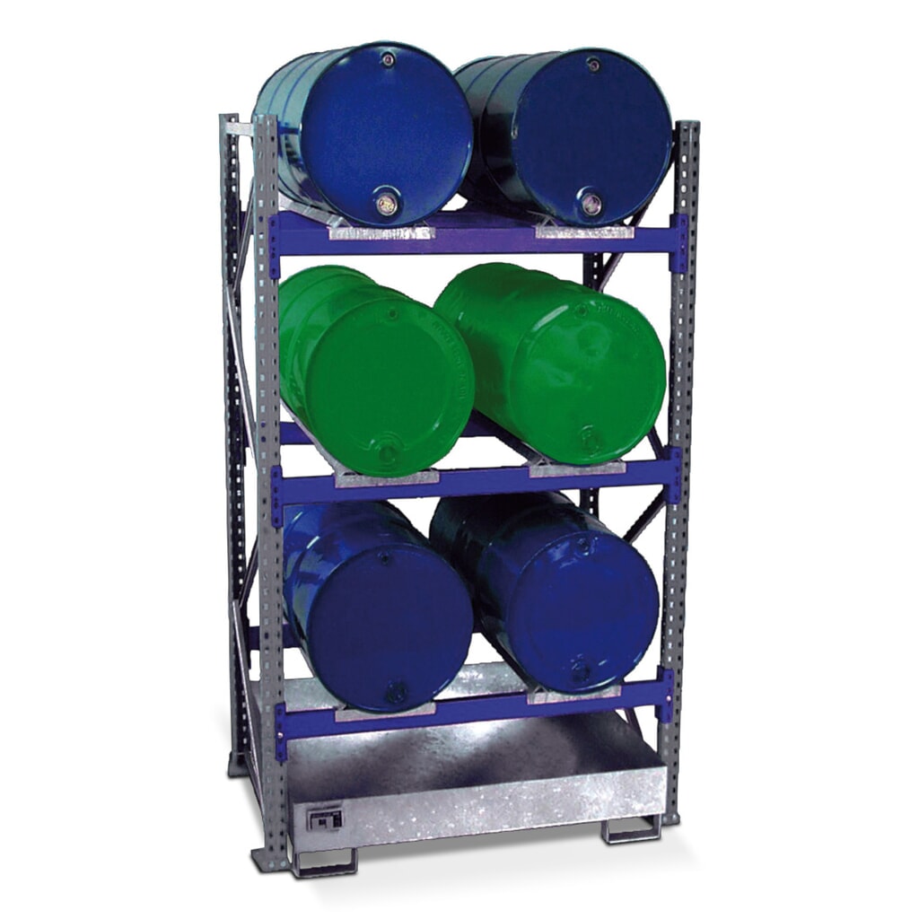 Illustration du produit: Rayonnage à fûts, bac de rétention compris, module de base, 3 niveaux, sans caillebotis grille 6 x 200 l couchés