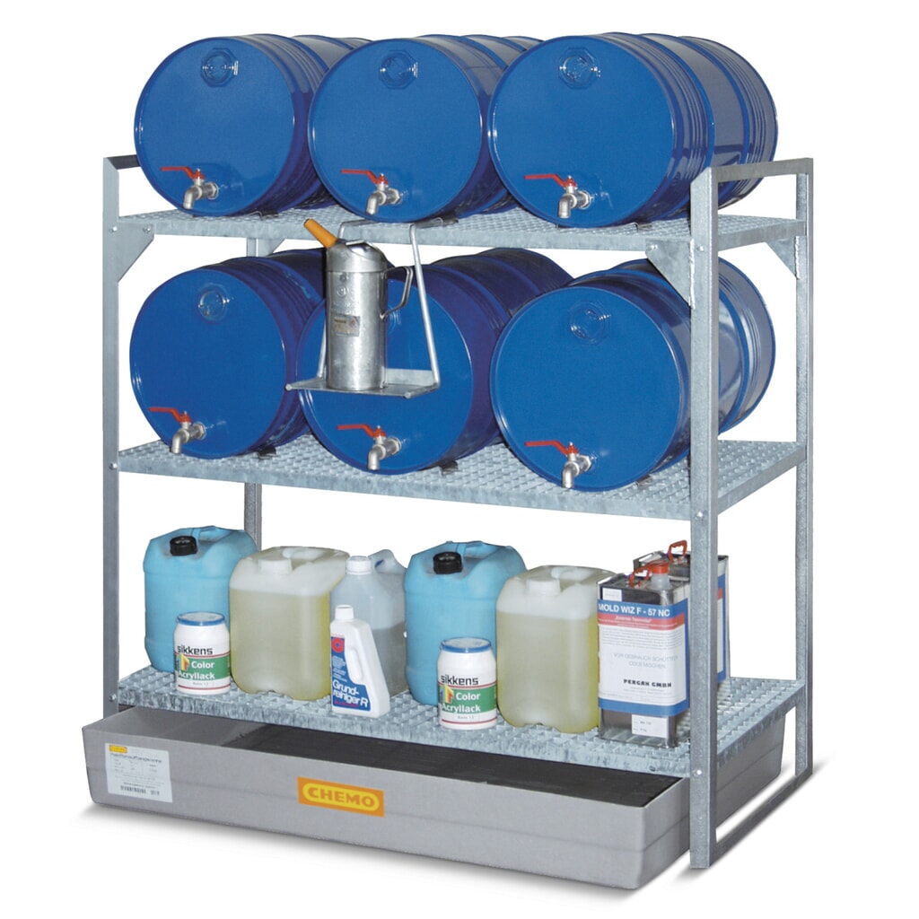 Rayonnage à fûts CEMO pour produits dangereux, bac collecteur en PRV, pour 6 fûts de 60 l, 2 caillebotis N° de l'image du produit 2 : Rayonnage à fûts CEMO pour produits dangereux, bac collecteur en PRV, pour 6 fûts de 60 l, 2 caillebotis