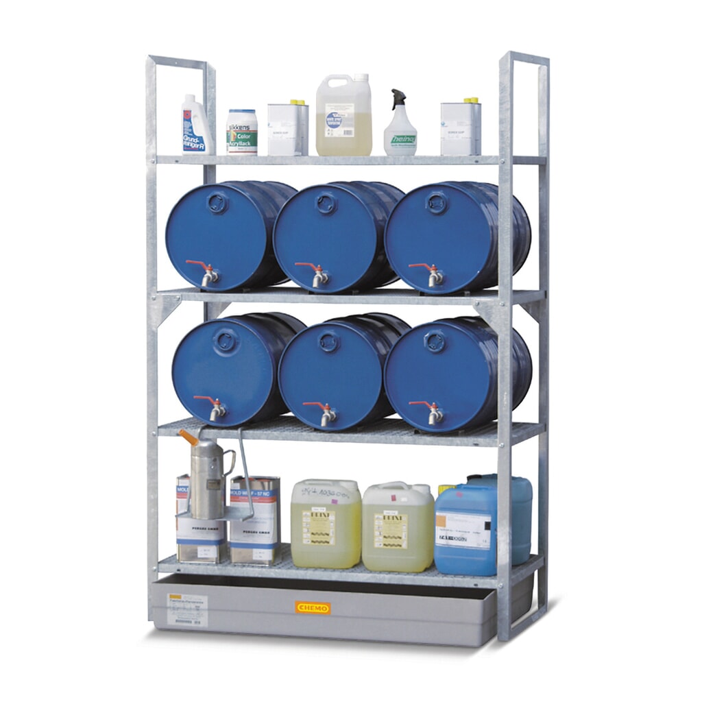 Rayonnage à fûts CEMO pour produits dangereux, bac collecteur en PRV, pour 6 fûts de 60 l, 3 caillebotis N° de l'image du produit 2 : Rayonnage à fûts CEMO pour produits dangereux, bac collecteur en PRV, pour 6 fûts de 60 l, 3 caillebotis