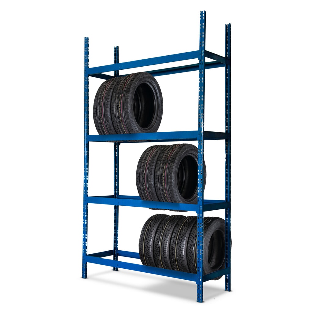 Étagère à pneus, module de base, bleu, HxlxP 2.000 x 1.500 x 500 mm, 4 niveaux pour 16 pneus N° de l'image du produit 3 : Étagère à pneus, module de base, bleu, HxlxP 2.000 x 1.500 x 500 mm, 4 niveaux pour 16 pneus